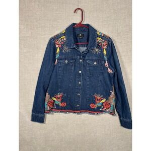 CURATIONS Embroidered Denim Jacket Women Large Blue Jean Embellished Frayed